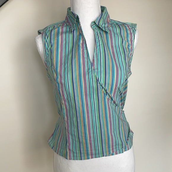 Vintage Tops - Vintage Harve Benard Blue Striped Wrap Tie Sleeveless Top. Medium